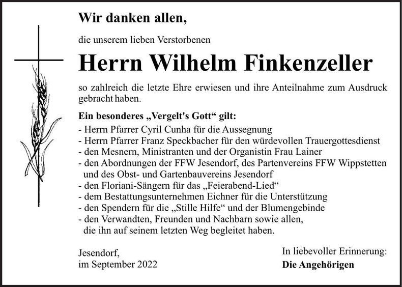 Traueranzeige Wilhelm Finkenzeller