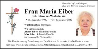 Traueranzeige Maria Eiber