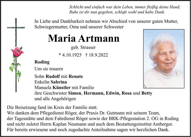 Traueranzeige Maria Artmann