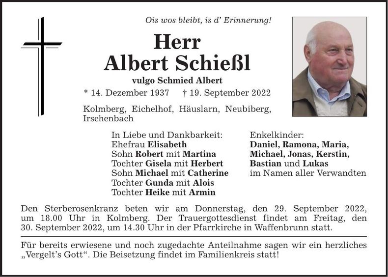 Traueranzeige Albert Schießl