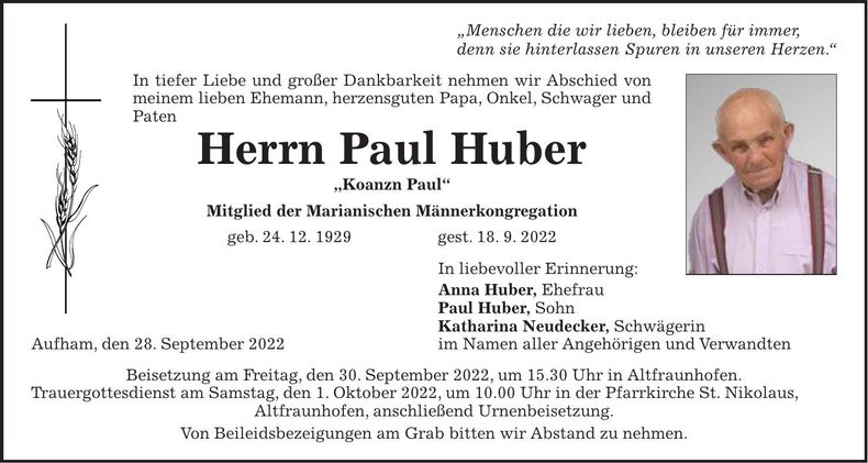 Traueranzeige Paul Huber