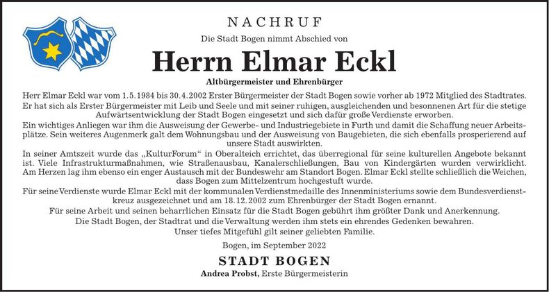 Traueranzeige Elmar Eckl