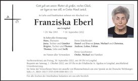 Traueranzeige Franzika Eberl