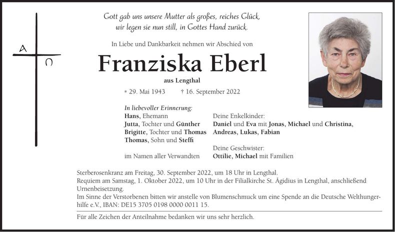 Traueranzeige Franzika Eberl