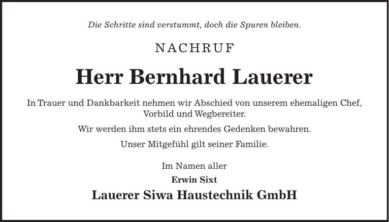 Traueranzeige Bernhard Lauerer