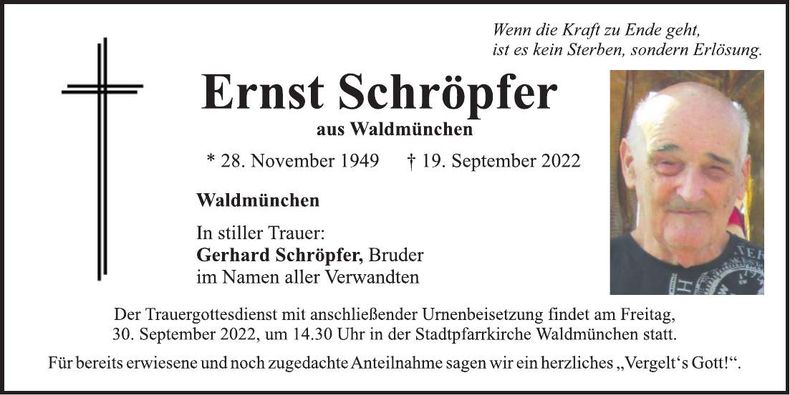 Traueranzeige Ernst Schröpfer