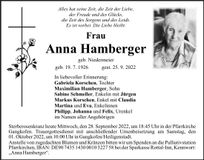 Traueranzeige Anna Hamberger