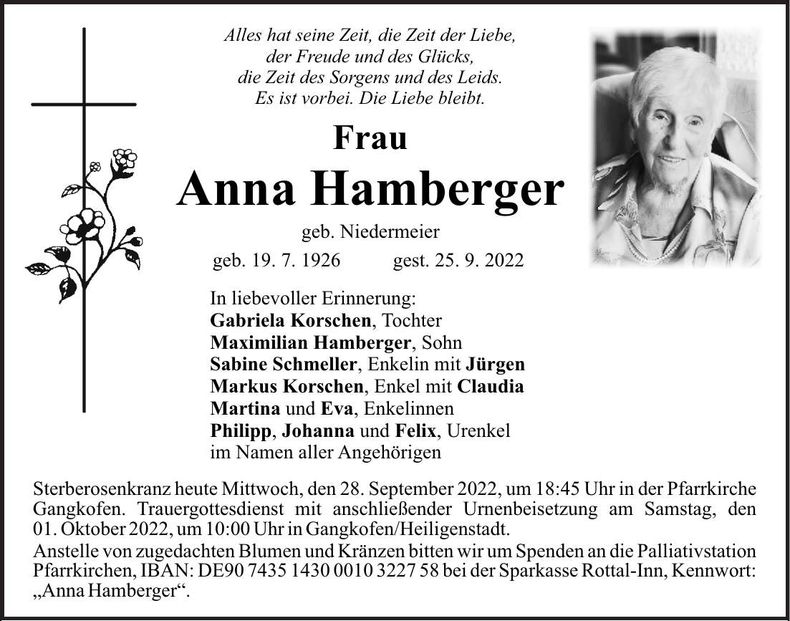 Traueranzeige Anna Hamberger