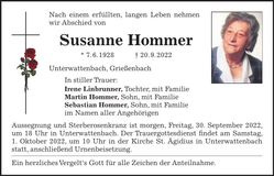 Traueranzeige Susanne Hommer