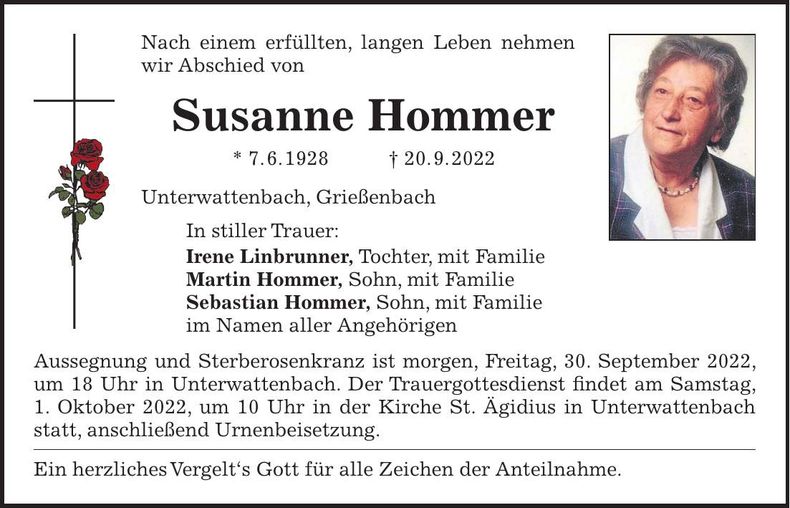 Traueranzeige Susanne Hommer