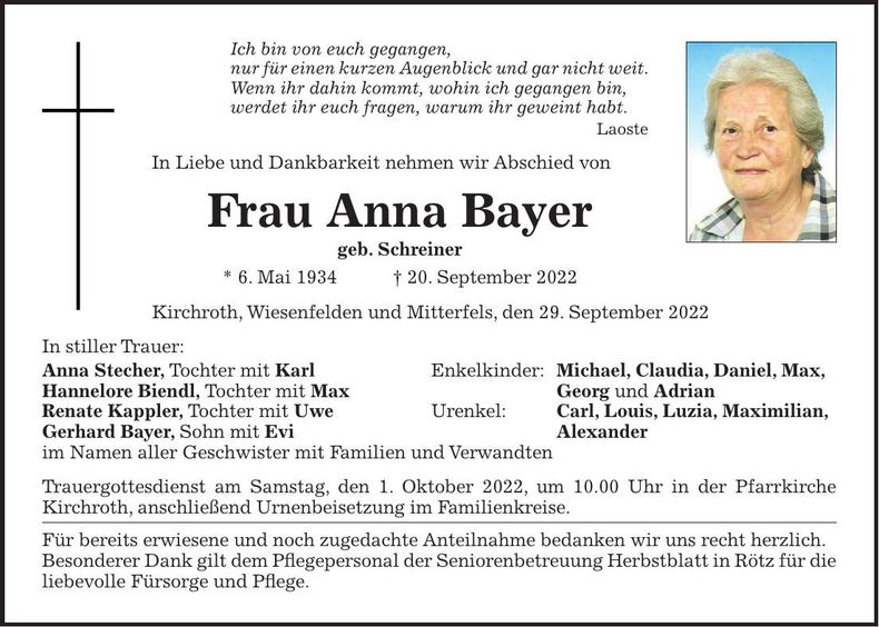 Traueranzeige Anna Bayer