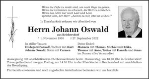 Traueranzeige Johann Oswald