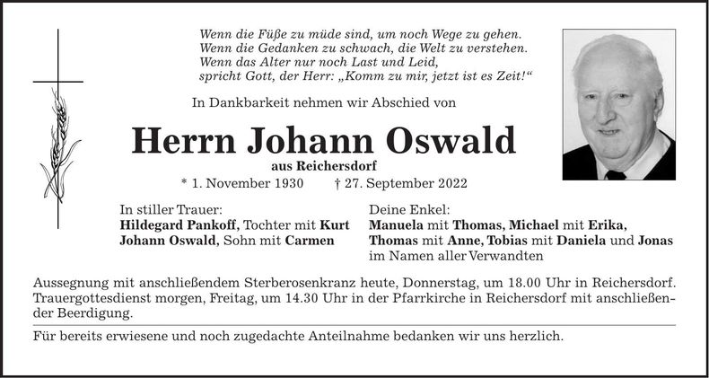 Traueranzeige Johann Oswald
