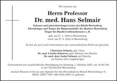 Traueranzeige Hans Professor Dr. med. Selmair