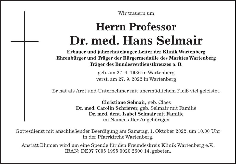 Traueranzeige Hans Professor Dr. med. Selmair
