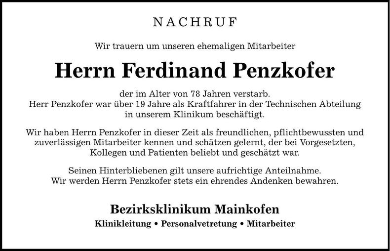 Traueranzeige Ferdinand Penzkofer