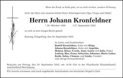 Traueranzeige Johann Kronfeldner