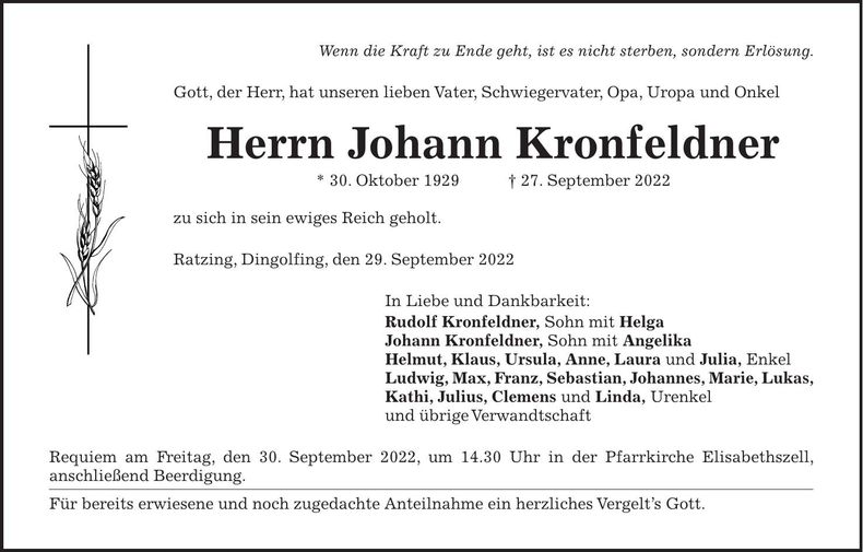 Traueranzeige Johann Kronfeldner