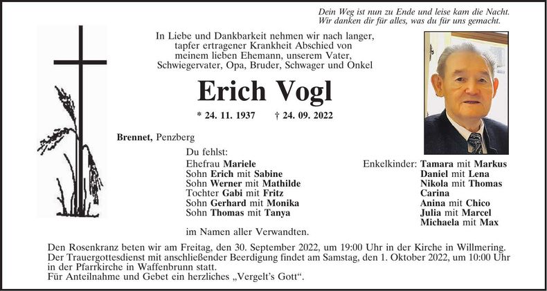 Traueranzeige Erich Vogl