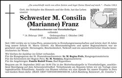 Traueranzeige M. Consilia (Marianne) Franz