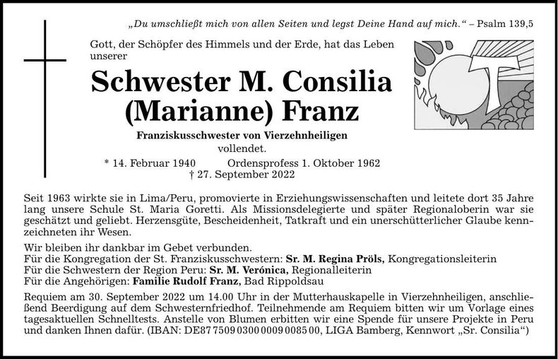 Traueranzeige M. Consilia (Marianne) Franz