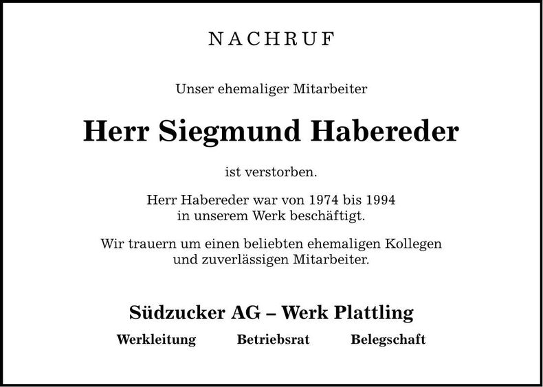 Traueranzeige Siegmund Habereder