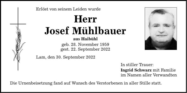 Traueranzeige Josef Mühlbauer