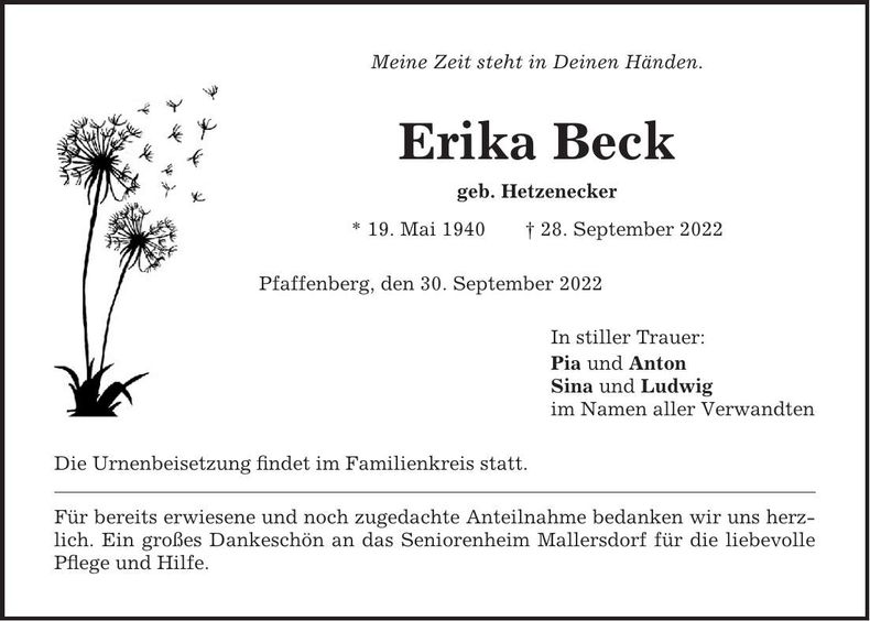 Traueranzeige Erika Beck