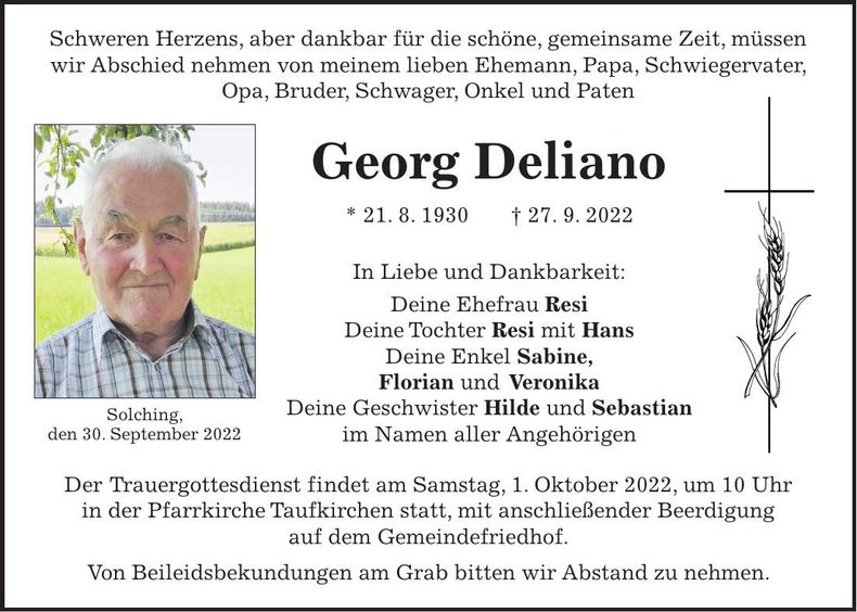 Traueranzeige Georg Deliano