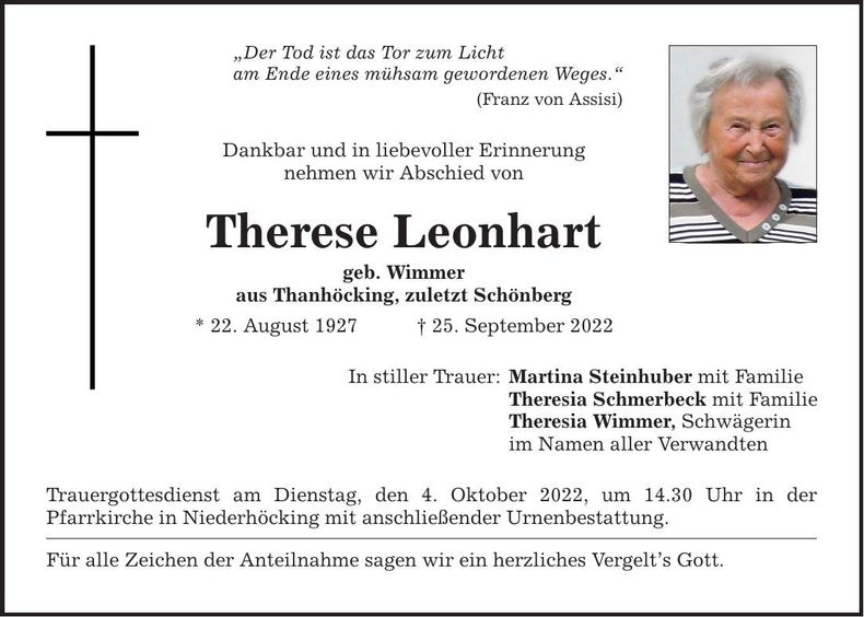 Traueranzeige Therese Leonhart