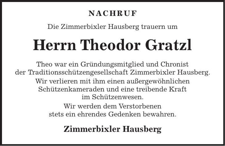 Traueranzeige Theodor Gratzl