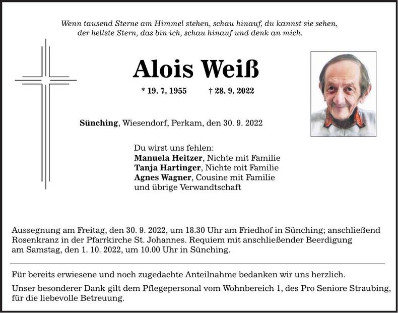 Traueranzeige Alois Weiß