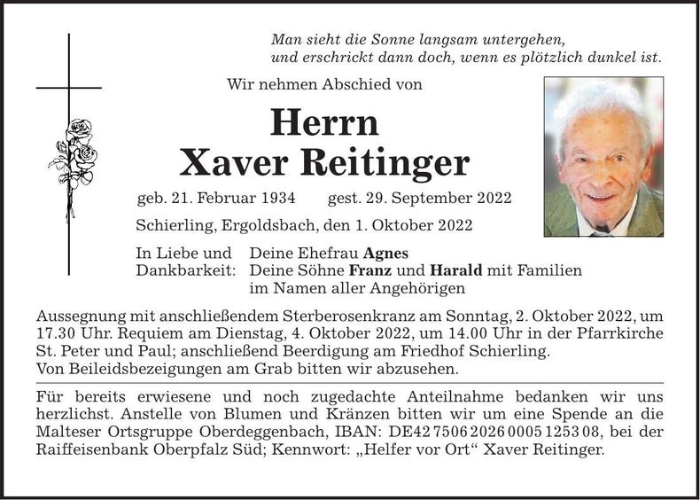 Traueranzeige Xaver Reitinger