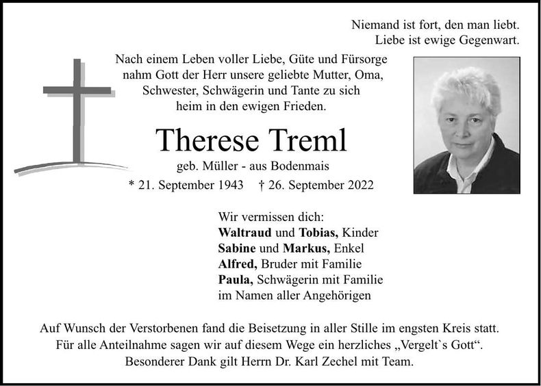 Traueranzeige Therese Treml
