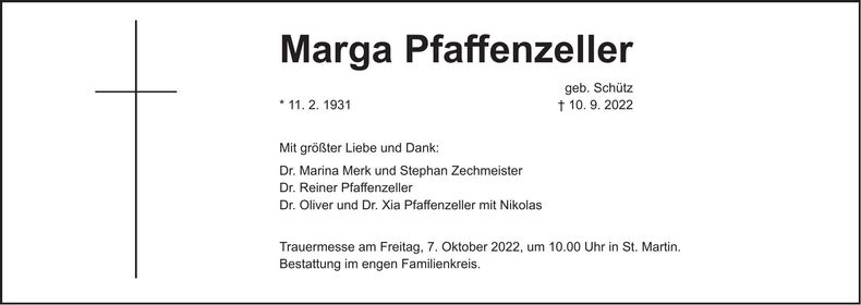 Traueranzeige Marga Pfaffenzeller