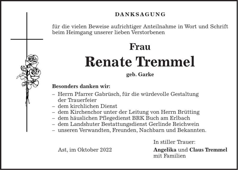 Traueranzeige Renate Tremmel