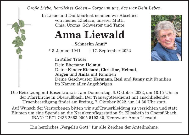 Traueranzeige Anna Liewald