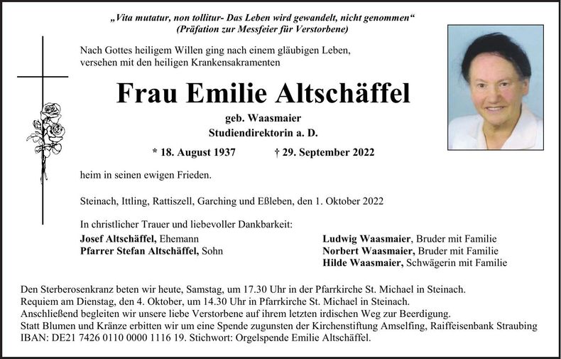 Traueranzeige Emilie Altschäffel