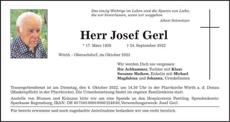 Traueranzeige Josef Gerl