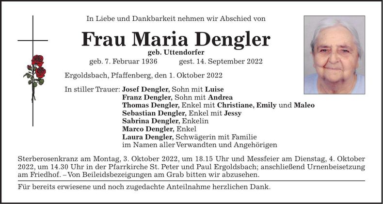 Traueranzeige Maria Dengler