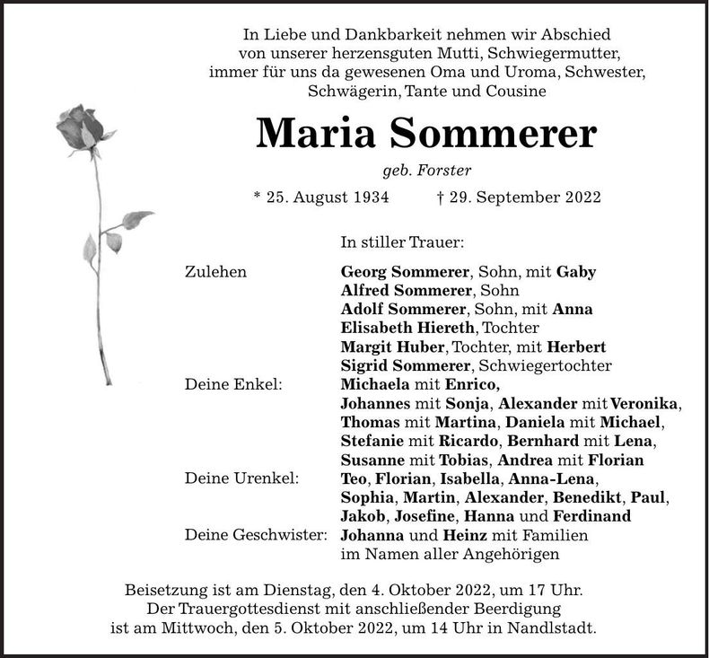 Traueranzeige Maria Sommerer