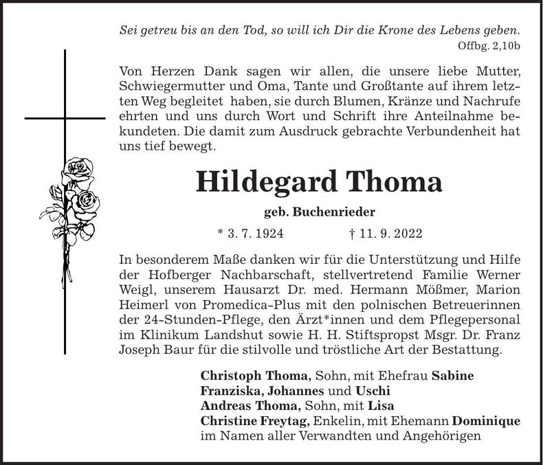 Traueranzeige Hildegard Thoma