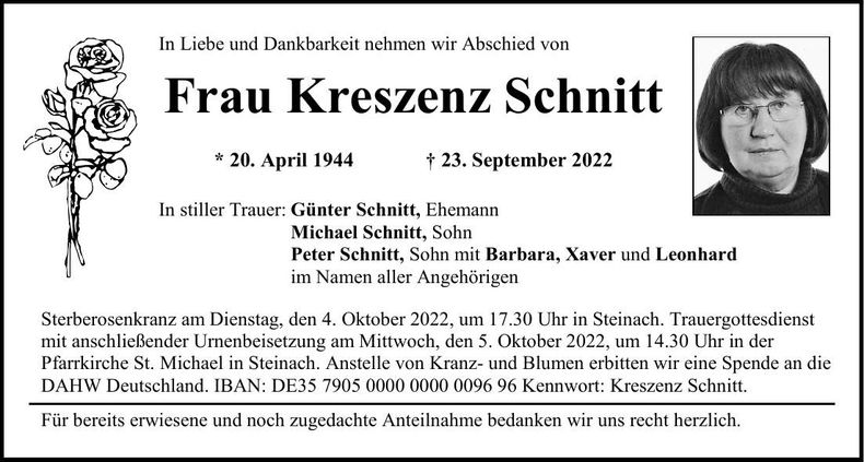 Traueranzeige Kreszenz Schnitt