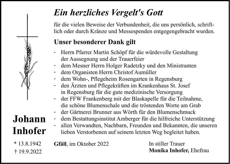 Traueranzeige Johann Inhofer