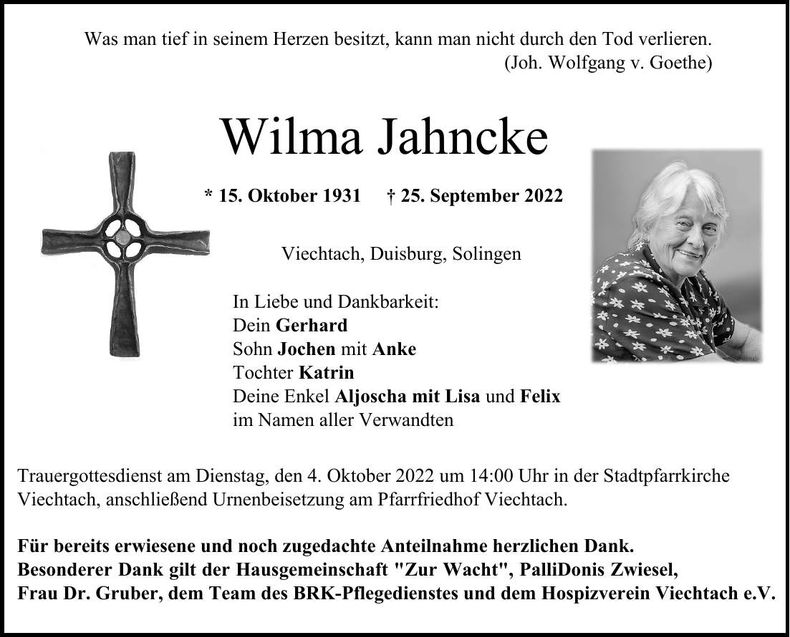 Traueranzeige Wilma Jahncke