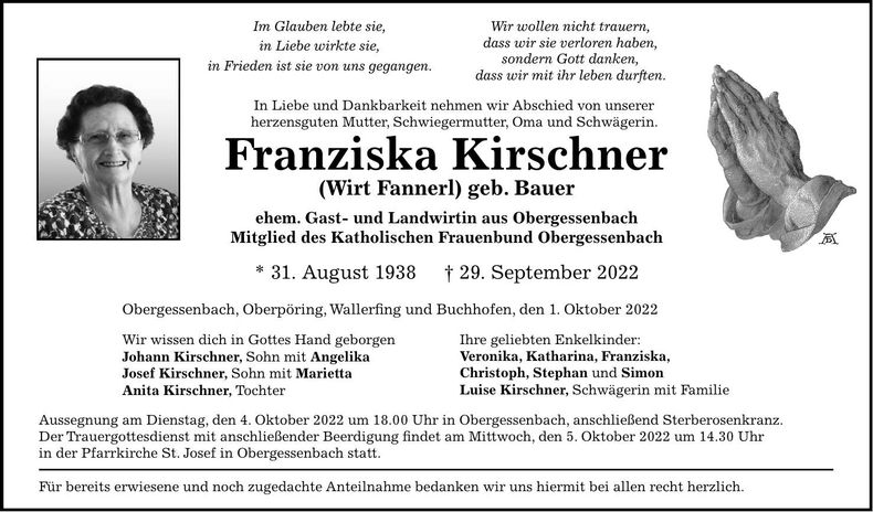 Traueranzeige Franziska Kirschner