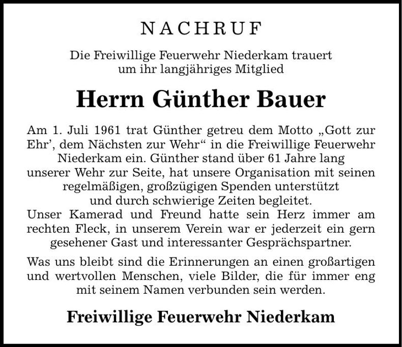 Traueranzeige Bünther Bauer