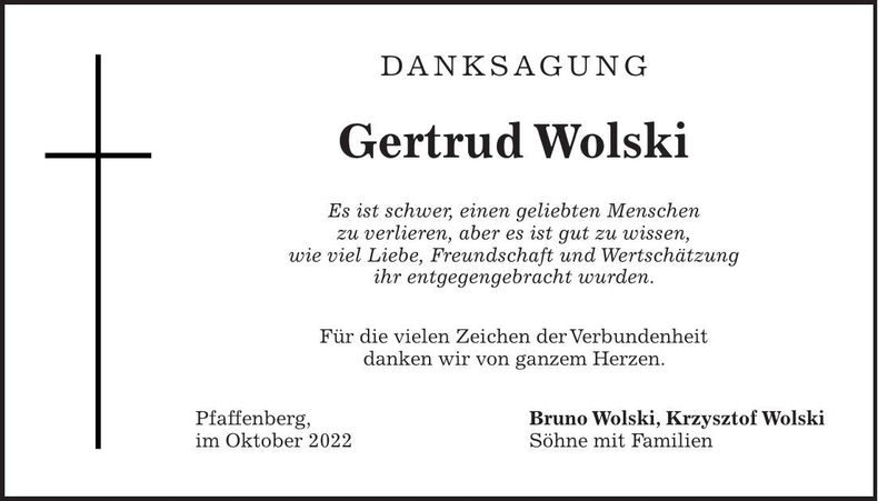 Traueranzeige Gertrud Wolski