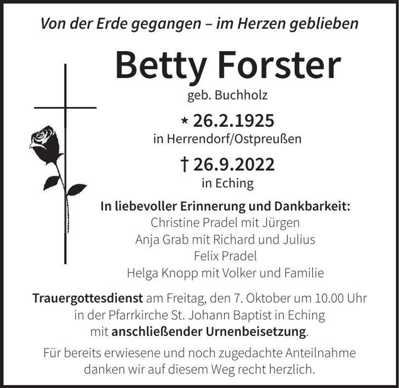 Traueranzeige Betty Forster