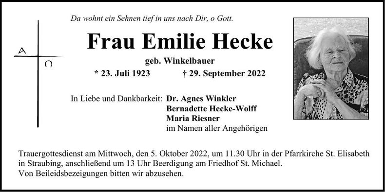 Traueranzeige Emilie Hecke